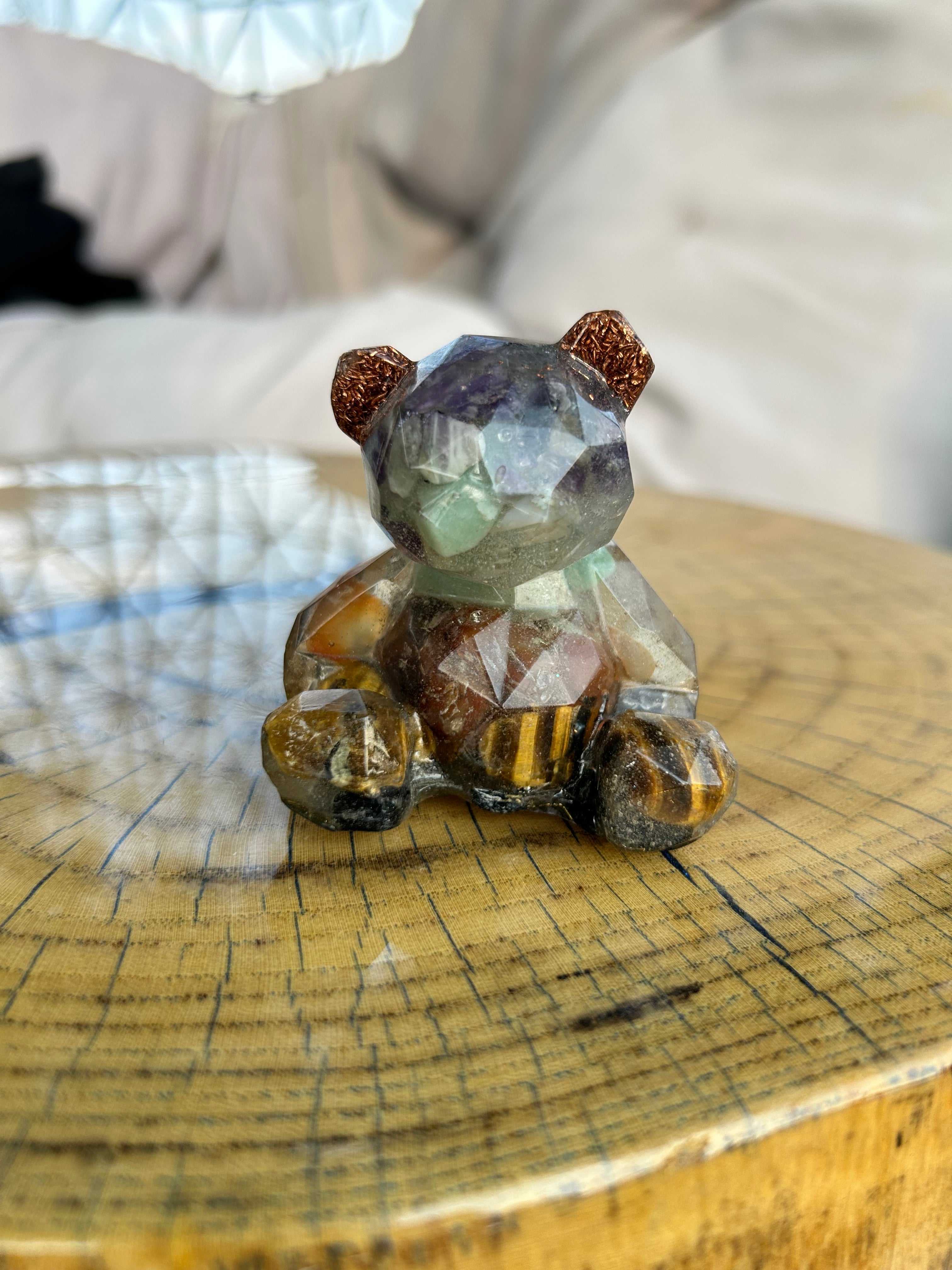 Handmade Orgonite Bear – Amethyst, Jade, Tiger’s Eye & Black Tourmaline