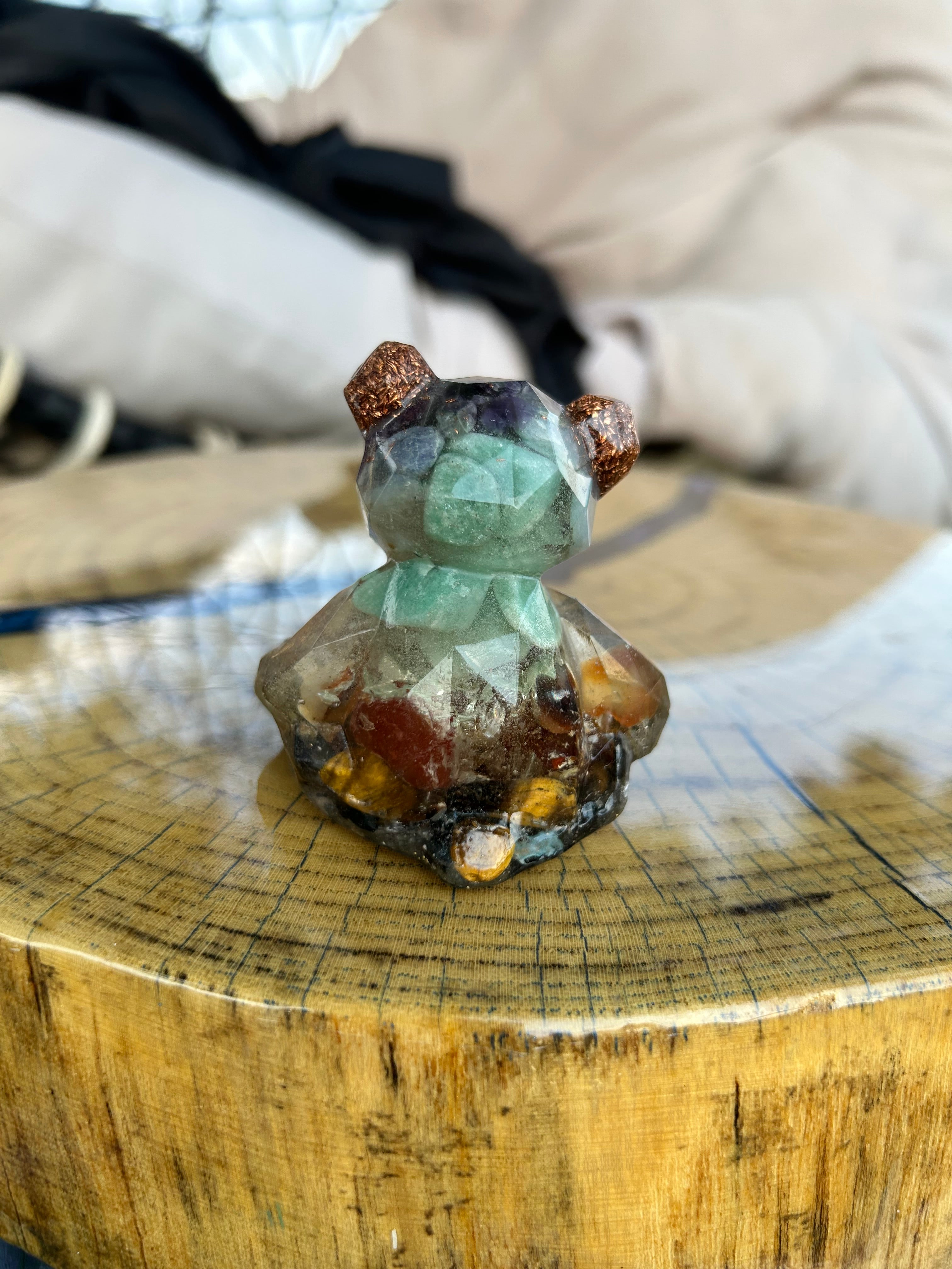 Handmade Orgonite Bear – Amethyst, Jade, Tiger’s Eye & Black Tourmaline
