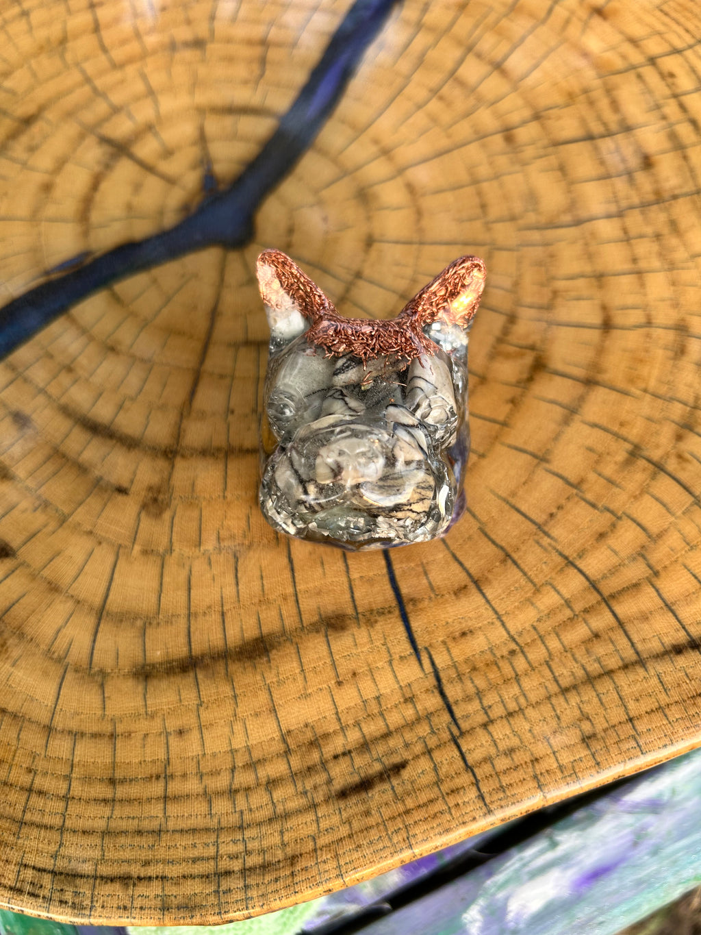 Handmade Orgonite French Bulldog – Zebra Jasper, Amethyst & Lapis Lazuli