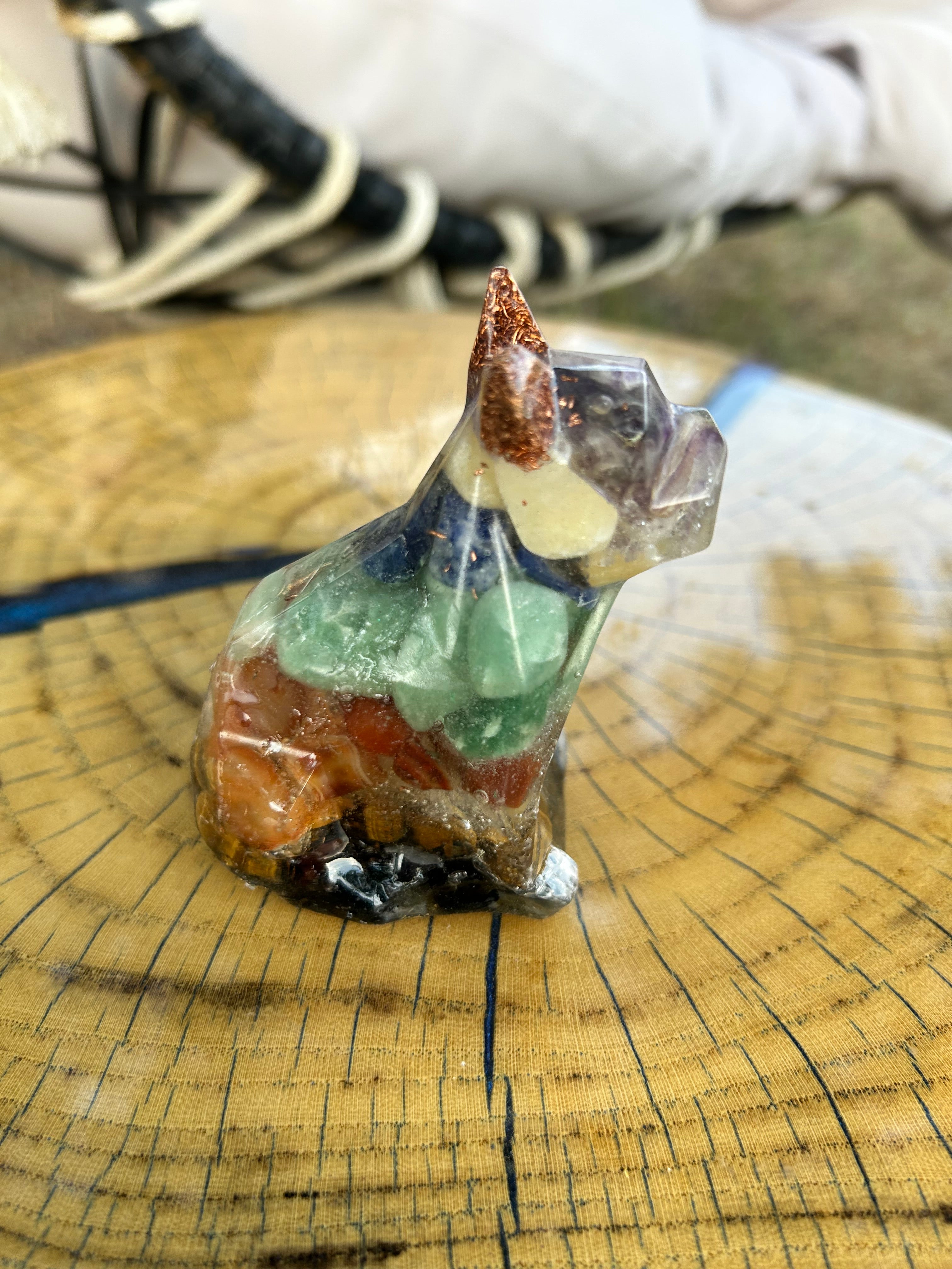 Handmade Orgonite Dog – Amethyst, Citrine, Jade & Obsidian